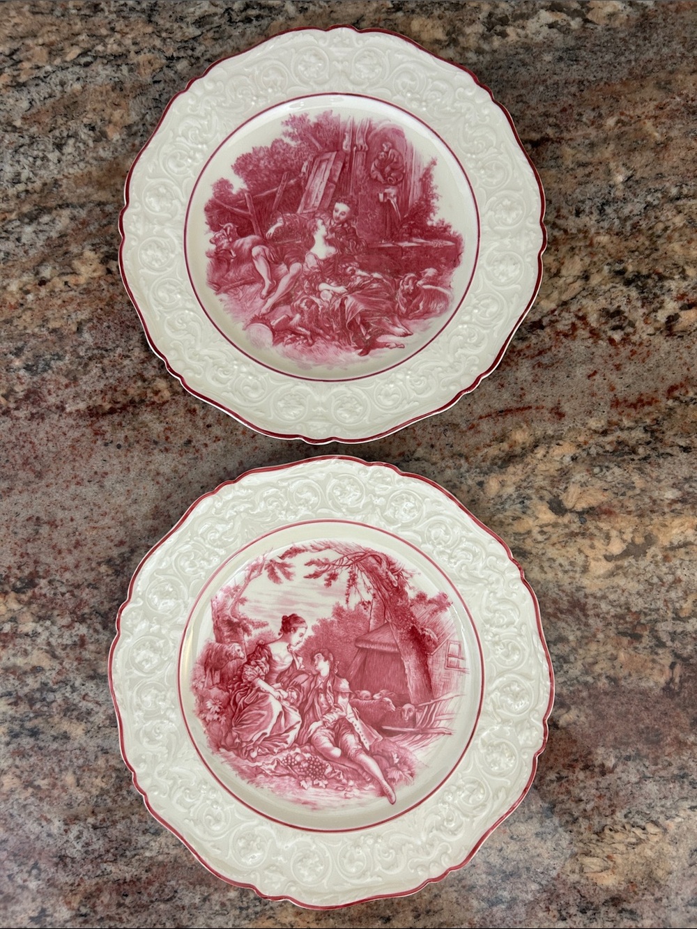 Black Knight China Rococo Style Pink & White Transferware Dinner Plates/Set of 2